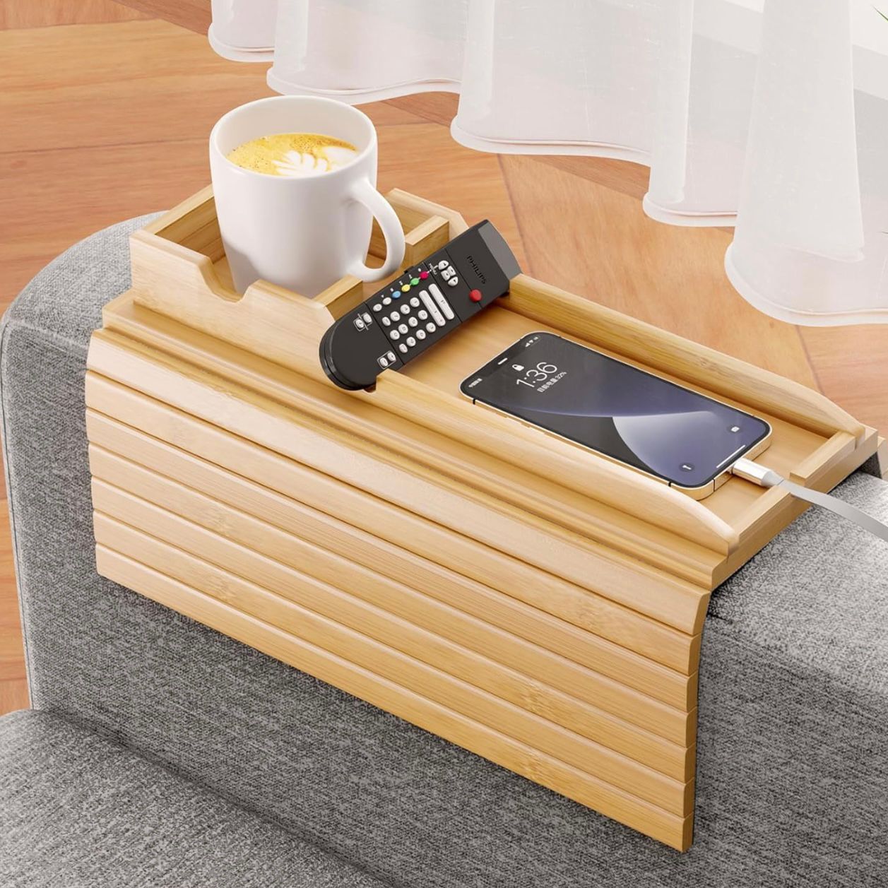 Bamboe Sofa Tray Tafel met Anti-Slip Bankleuning Dienblad – 2-in-1 Design - Soreho