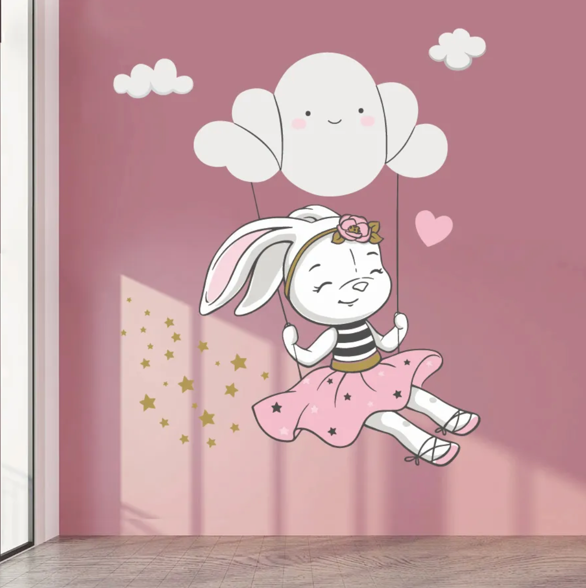 Luna de Bunny schommelend in de Wolken – Muursticker - Soreho