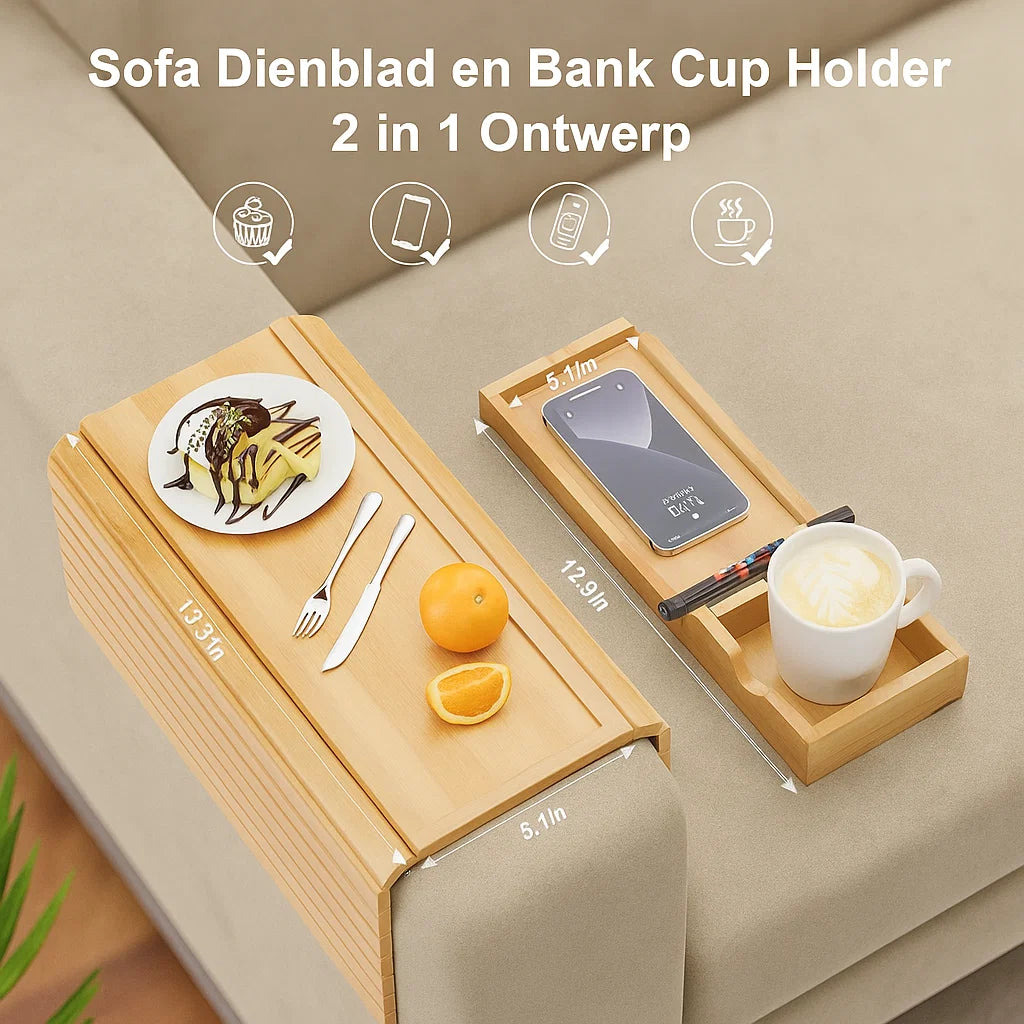 Bamboe Sofa Tray Tafel met Anti-Slip Bankleuning Dienblad – 2-in-1 Design - Soreho