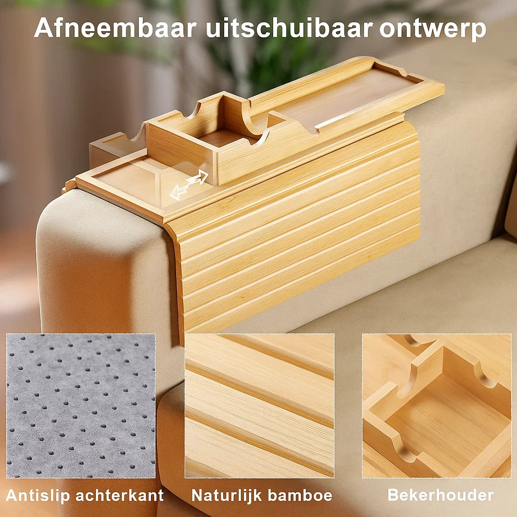Bamboe Sofa Tray Tafel met Anti-Slip Bankleuning Dienblad – 2-in-1 Design - Soreho