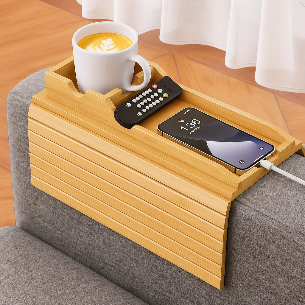 Bamboe Sofa Tray Tafel met Anti-Slip Bankleuning Dienblad – 2-in-1 Design - Soreho