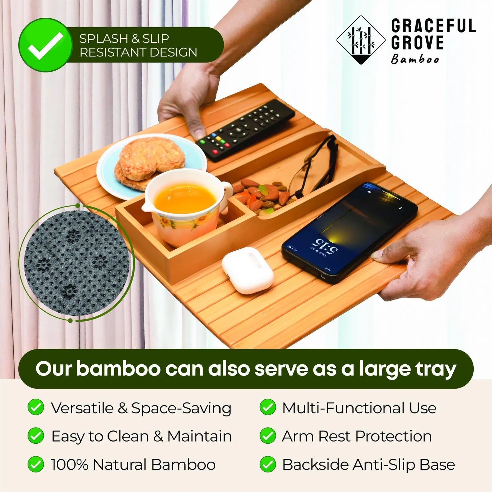 Bamboe Sofa Tray Tafel met Anti-Slip Bankleuning Dienblad – 2-in-1 Design - Soreho